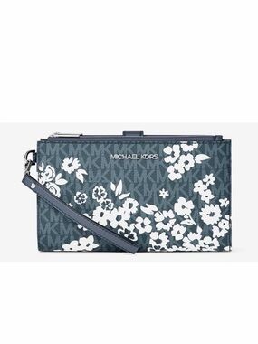 MICHAEL KORS JST Lg Double Zip Printed Sign Logo Wristlet Wallet Navy NWT